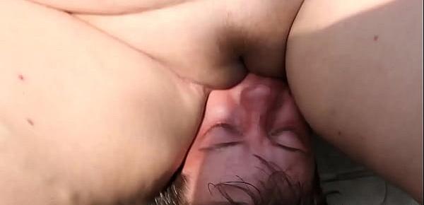  Busty bbw facesitting young guy outdoors